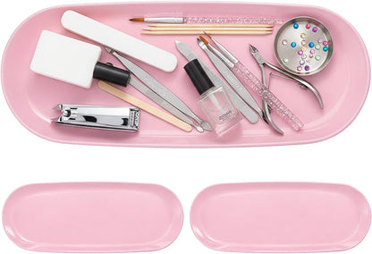 3 Pcs Small Plastic Pink Decorative Tray, 9 inch Manicure Tools Storage Tray, Jewelry Dish Cosmetics Organizer, Bathroom Clutter Serving Platter Small Storage Tray