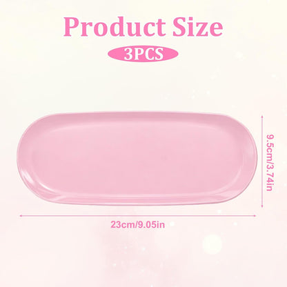 3 Pcs Small Plastic Pink Decorative Tray, 9 inch Manicure Tools Storage Tray, Jewelry Dish Cosmetics Organizer, Bathroom Clutter Serving Platter Small Storage Tray