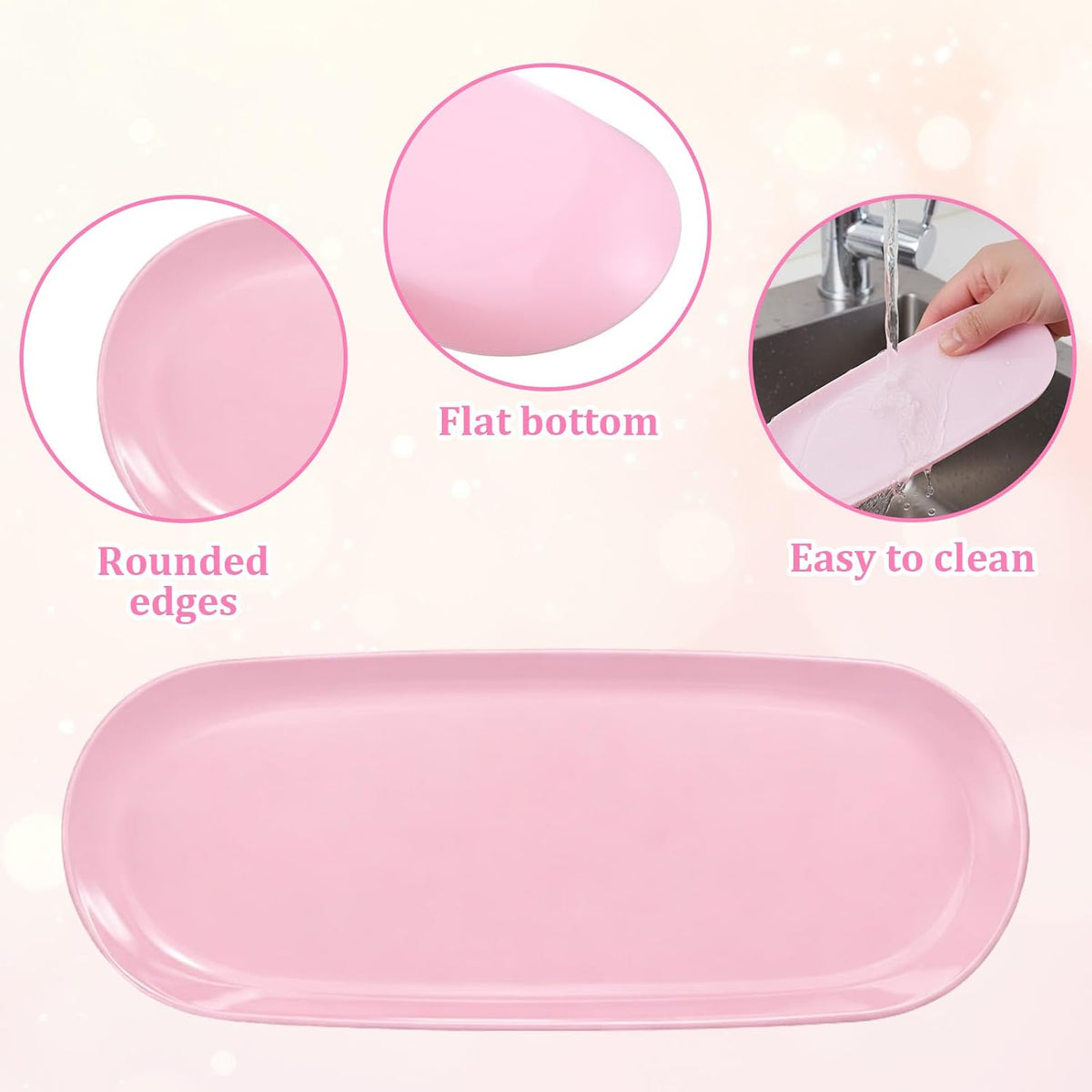 3 Pcs Small Plastic Pink Decorative Tray, 9 inch Manicure Tools Storage Tray, Jewelry Dish Cosmetics Organizer, Bathroom Clutter Serving Platter Small Storage Tray
