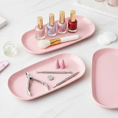 3 Pcs Small Plastic Pink Decorative Tray, 9 inch Manicure Tools Storage Tray, Jewelry Dish Cosmetics Organizer, Bathroom Clutter Serving Platter Small Storage Tray