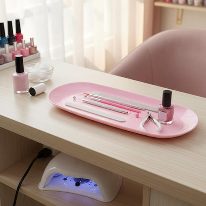 3 Pcs Small Plastic Pink Decorative Tray, 9 inch Manicure Tools Storage Tray, Jewelry Dish Cosmetics Organizer, Bathroom Clutter Serving Platter Small Storage Tray
