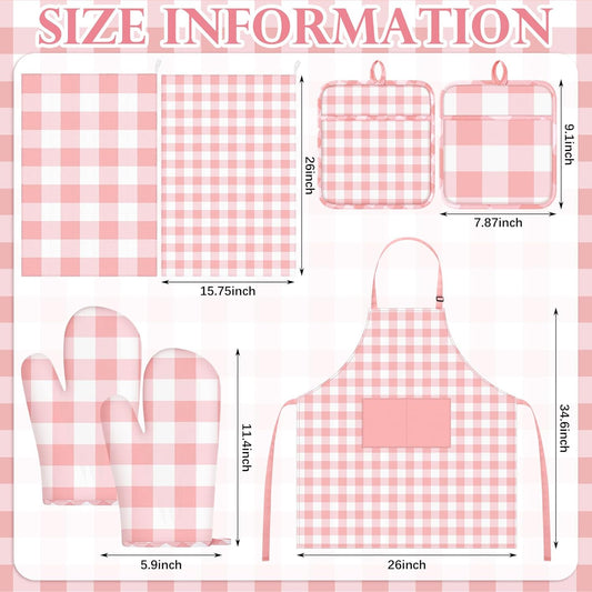 7 Pcs Pink Buffalo Check Kitchen Decor Accessories Set Pink Gingham Apron Towel Pot Mat Oven Mitt Set 1 Apron 2 Dish Towels 2 Pot Mats 2 Oven Mittens Glove Baking Cooking Gift for Women