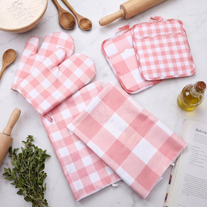 7 Pcs Pink Buffalo Check Kitchen Decor Accessories Set Pink Gingham Apron Towel Pot Mat Oven Mitt Set 1 Apron 2 Dish Towels 2 Pot Mats 2 Oven Mittens Glove Baking Cooking Gift for Women