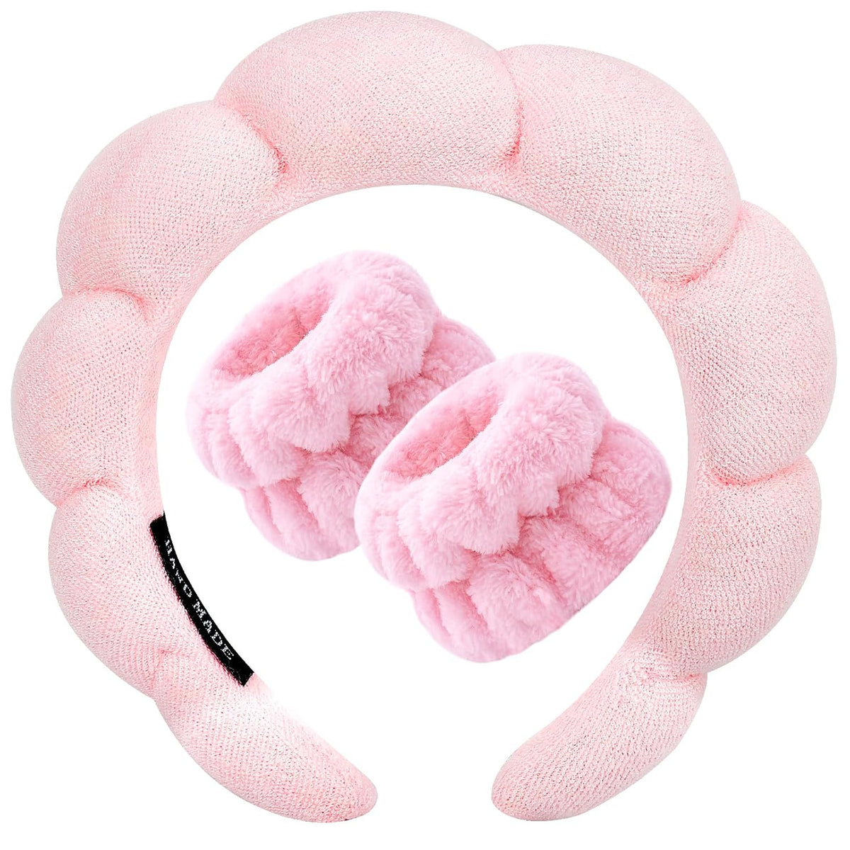 Spa Headband for Washing Face Wristband Sponge Makeup Skincare Headband Terry Cloth Bubble Soft Get Ready Hairband for Women Girl Puffy Padded Headwear Non Slip Thick Hair Accessory(Pink)