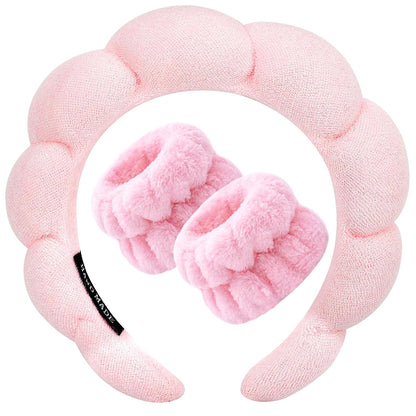 Spa Headband for Washing Face Wristband Sponge Makeup Skincare Headband Terry Cloth Bubble Soft Get Ready Hairband for Women Girl Puffy Padded Headwear Non Slip Thick Hair Accessory(Pink)