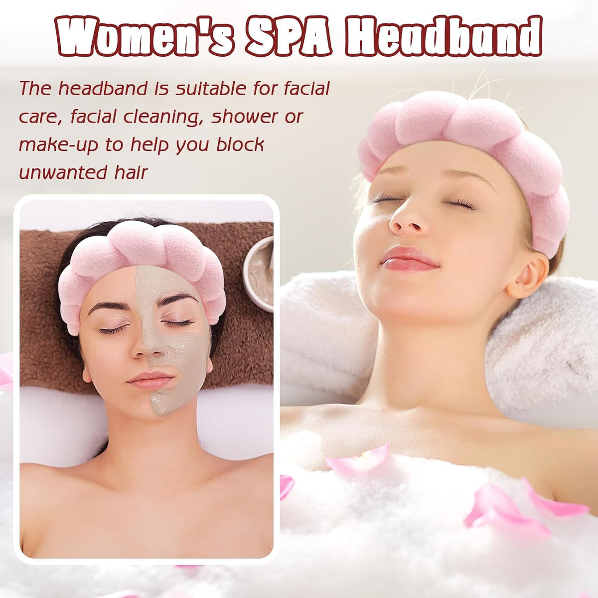 Spa Headband for Washing Face Wristband Sponge Makeup Skincare Headband Terry Cloth Bubble Soft Get Ready Hairband for Women Girl Puffy Padded Headwear Non Slip Thick Hair Accessory(Pink)
