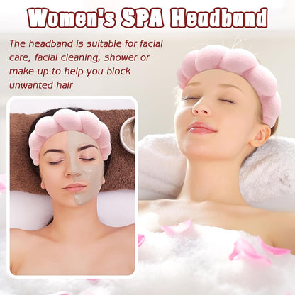 Spa Headband for Washing Face Wristband Sponge Makeup Skincare Headband Terry Cloth Bubble Soft Get Ready Hairband for Women Girl Puffy Padded Headwear Non Slip Thick Hair Accessory(Pink)