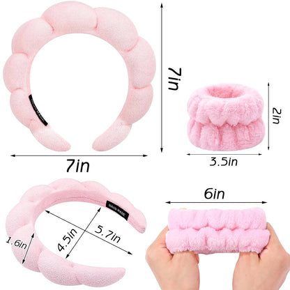 Spa Headband for Washing Face Wristband Sponge Makeup Skincare Headband Terry Cloth Bubble Soft Get Ready Hairband for Women Girl Puffy Padded Headwear Non Slip Thick Hair Accessory(Pink)