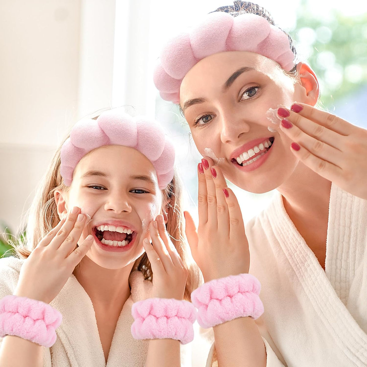 Spa Headband for Washing Face Wristband Sponge Makeup Skincare Headband Terry Cloth Bubble Soft Get Ready Hairband for Women Girl Puffy Padded Headwear Non Slip Thick Hair Accessory(Pink)