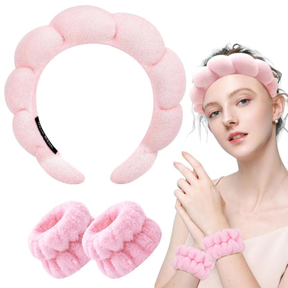 Spa Headband for Washing Face Wristband Sponge Makeup Skincare Headband Terry Cloth Bubble Soft Get Ready Hairband for Women Girl Puffy Padded Headwear Non Slip Thick Hair Accessory(Pink)