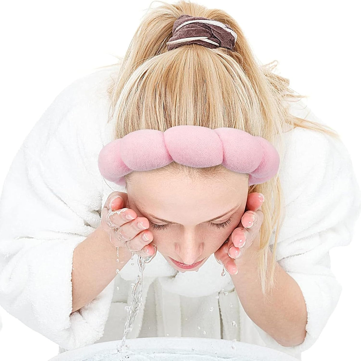 Spa Headband for Washing Face Wristband Sponge Makeup Skincare Headband Terry Cloth Bubble Soft Get Ready Hairband for Women Girl Puffy Padded Headwear Non Slip Thick Hair Accessory(Pink)
