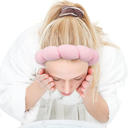 Spa Headband for Washing Face Wristband Sponge Makeup Skincare Headband Terry Cloth Bubble Soft Get Ready Hairband for Women Girl Puffy Padded Headwear Non Slip Thick Hair Accessory(Pink)