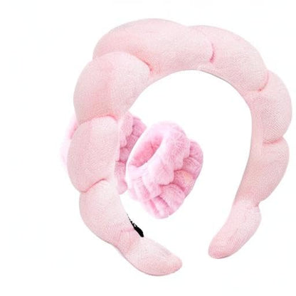 Spa Headband for Washing Face Wristband Sponge Makeup Skincare Headband Terry Cloth Bubble Soft Get Ready Hairband for Women Girl Puffy Padded Headwear Non Slip Thick Hair Accessory(Pink)