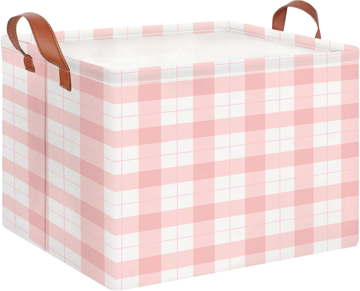 Rectangular Storage Basket,Collapsible Storage Bin,Waterproof Books Box with Handles,Gift Basket(Pink Grid)
