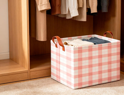 Rectangular Storage Basket,Collapsible Storage Bin,Waterproof Books Box with Handles,Gift Basket(Pink Grid)