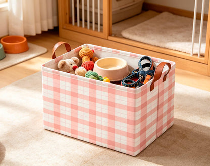Rectangular Storage Basket,Collapsible Storage Bin,Waterproof Books Box with Handles,Gift Basket(Pink Grid)