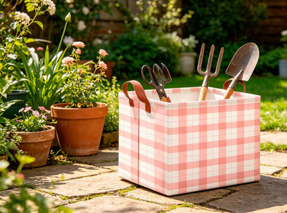 Rectangular Storage Basket,Collapsible Storage Bin,Waterproof Books Box with Handles,Gift Basket(Pink Grid)