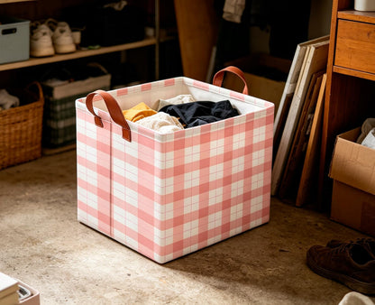Rectangular Storage Basket,Collapsible Storage Bin,Waterproof Books Box with Handles,Gift Basket(Pink Grid)