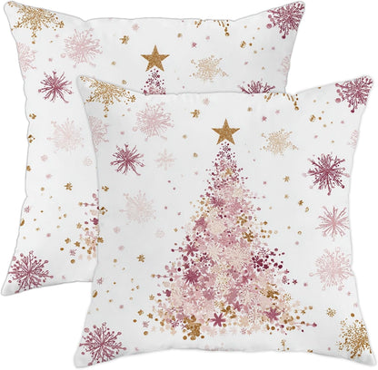 Christmas Tree Throw Pillow Covers, Festive Fanciful Stars Snowflakes Xmas Peach Soft Velvet Washable Cover Decorative Pillows for Living Room Apartment Bed Sofa Decor 12x12 Inch