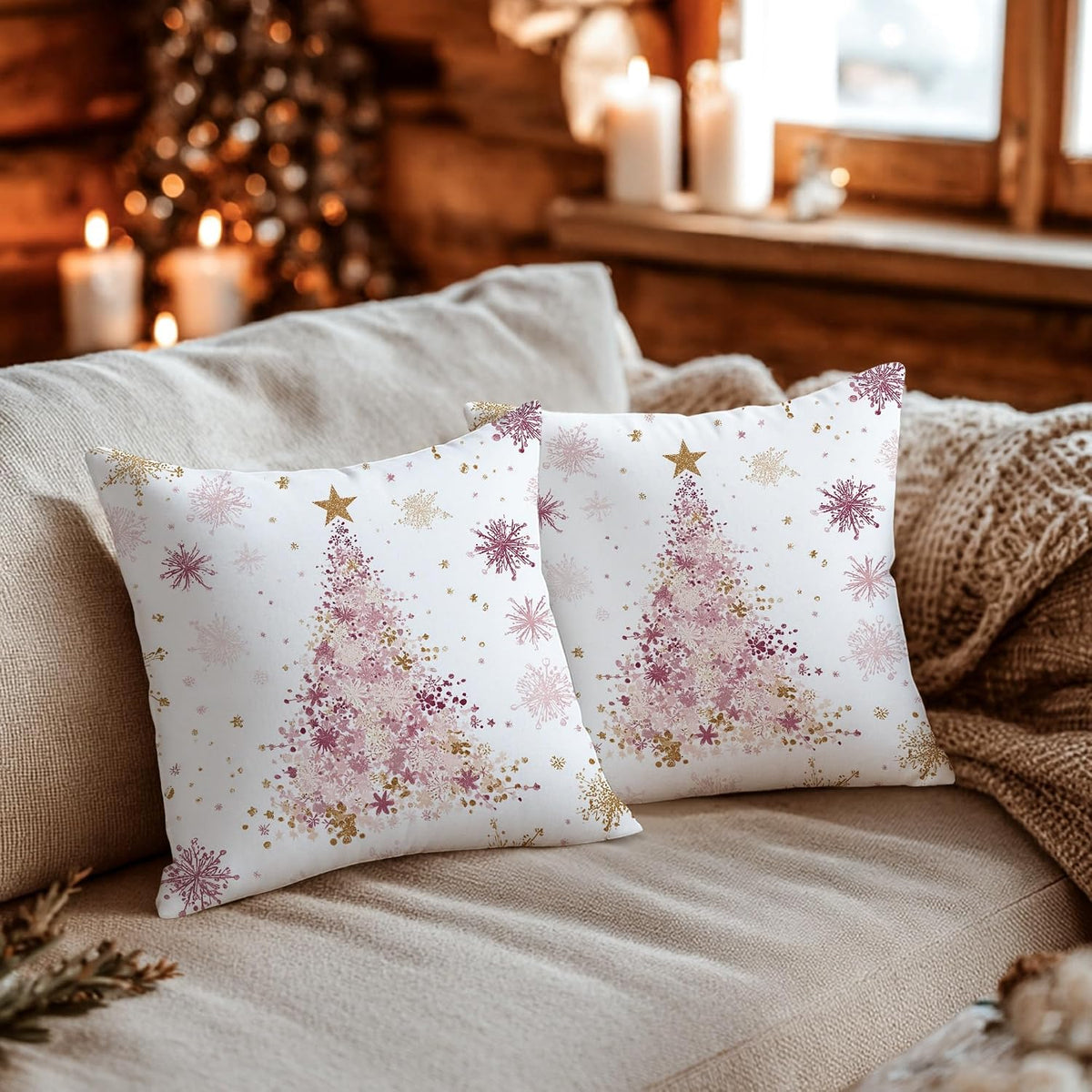 Christmas Tree Throw Pillow Covers, Festive Fanciful Stars Snowflakes Xmas Peach Soft Velvet Washable Cover Decorative Pillows for Living Room Apartment Bed Sofa Decor 12x12 Inch