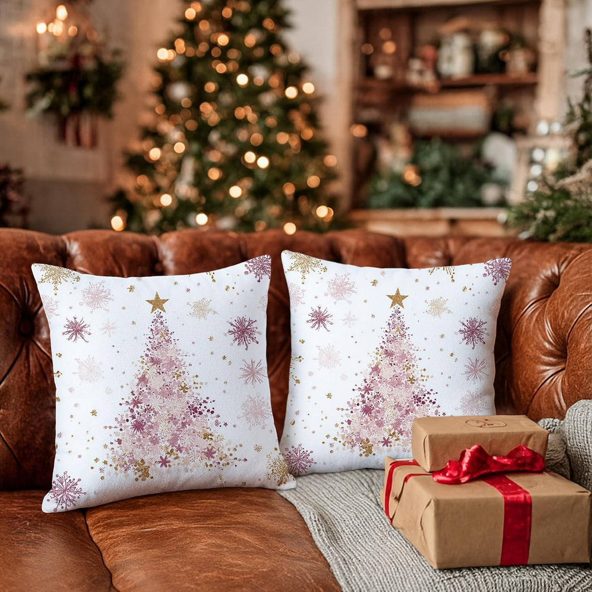 Christmas Tree Throw Pillow Covers, Festive Fanciful Stars Snowflakes Xmas Peach Soft Velvet Washable Cover Decorative Pillows for Living Room Apartment Bed Sofa Decor 12x12 Inch