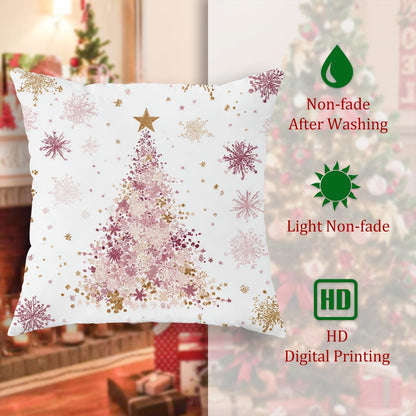 Christmas Tree Throw Pillow Covers, Festive Fanciful Stars Snowflakes Xmas Peach Soft Velvet Washable Cover Decorative Pillows for Living Room Apartment Bed Sofa Decor 12x12 Inch