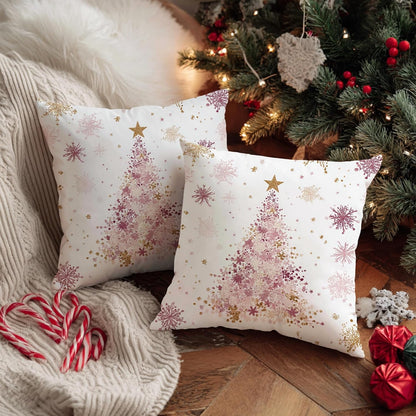 Christmas Tree Throw Pillow Covers, Festive Fanciful Stars Snowflakes Xmas Peach Soft Velvet Washable Cover Decorative Pillows for Living Room Apartment Bed Sofa Decor 12x12 Inch