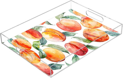 Peach Acrylic Serving Tray with Handles 15.7 x 11.8 Inch, Clear Reusable Decorative Tray, Multi-Purpose Spill Proof Table Tray for Party, Coffee, Bathroom, Kitchen, Office