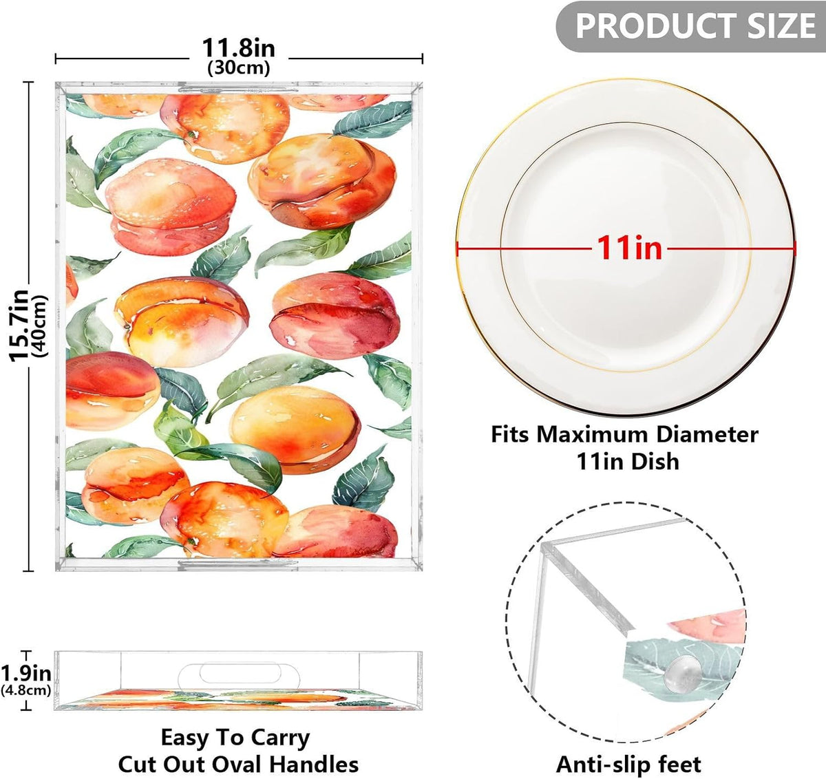 Peach Acrylic Serving Tray with Handles 15.7 x 11.8 Inch, Clear Reusable Decorative Tray, Multi-Purpose Spill Proof Table Tray for Party, Coffee, Bathroom, Kitchen, Office