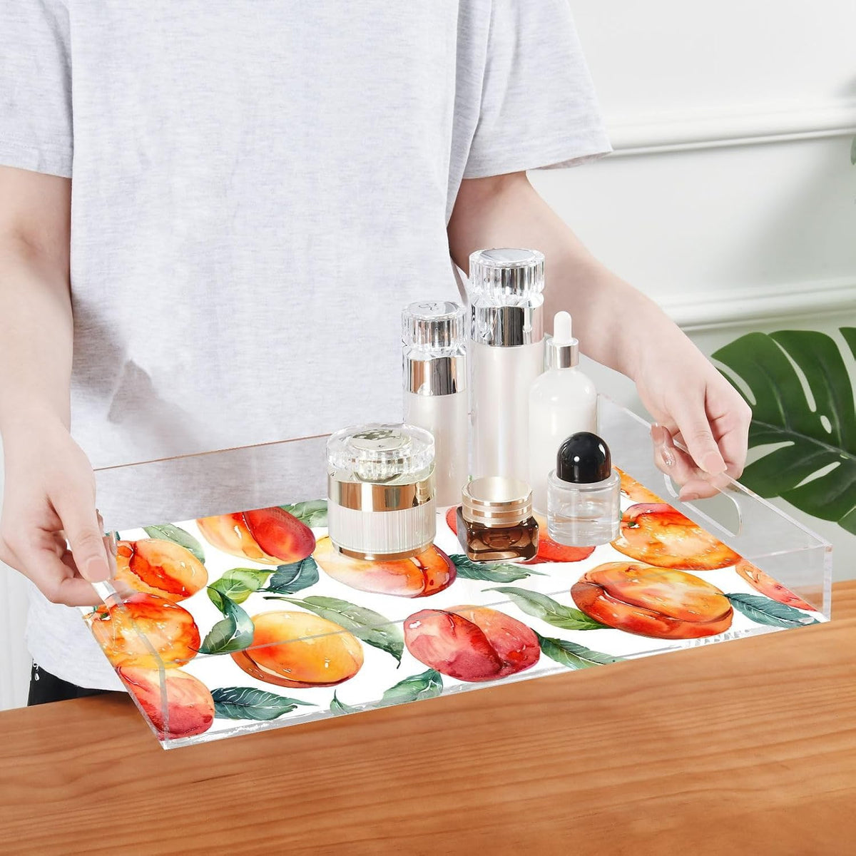 Peach Acrylic Serving Tray with Handles 15.7 x 11.8 Inch, Clear Reusable Decorative Tray, Multi-Purpose Spill Proof Table Tray for Party, Coffee, Bathroom, Kitchen, Office