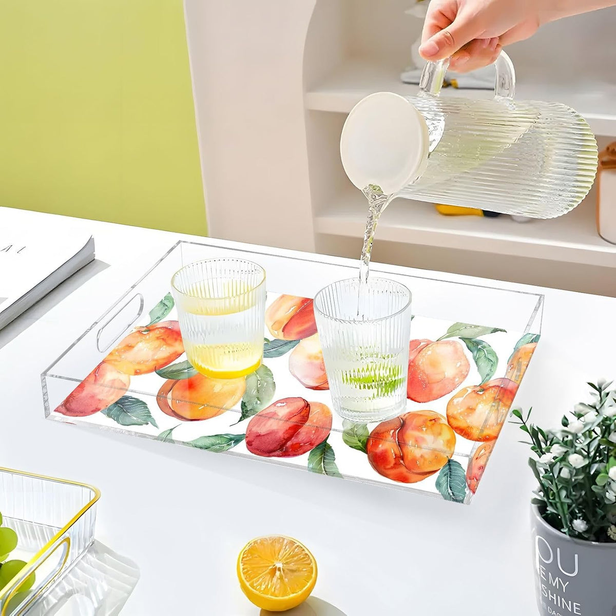 Peach Acrylic Serving Tray with Handles 15.7 x 11.8 Inch, Clear Reusable Decorative Tray, Multi-Purpose Spill Proof Table Tray for Party, Coffee, Bathroom, Kitchen, Office
