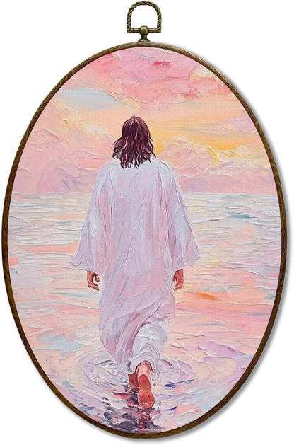 Jesus Walking on Water Christian Oval Wall Art Decor Framed 8.7 x 11.4 Inches, Pastel Pink Religious Jesus Poster Prints Hanging Wall Decor for Home Bedroom Church