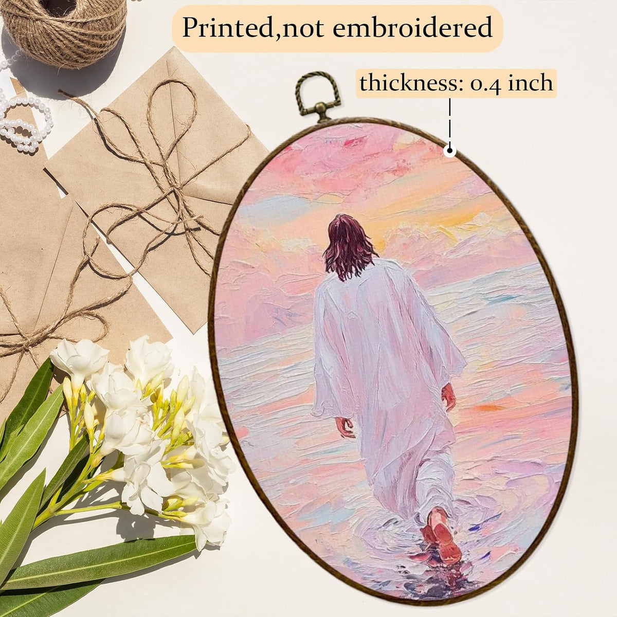 Jesus Walking on Water Christian Oval Wall Art Decor Framed 8.7 x 11.4 Inches, Pastel Pink Religious Jesus Poster Prints Hanging Wall Decor for Home Bedroom Church
