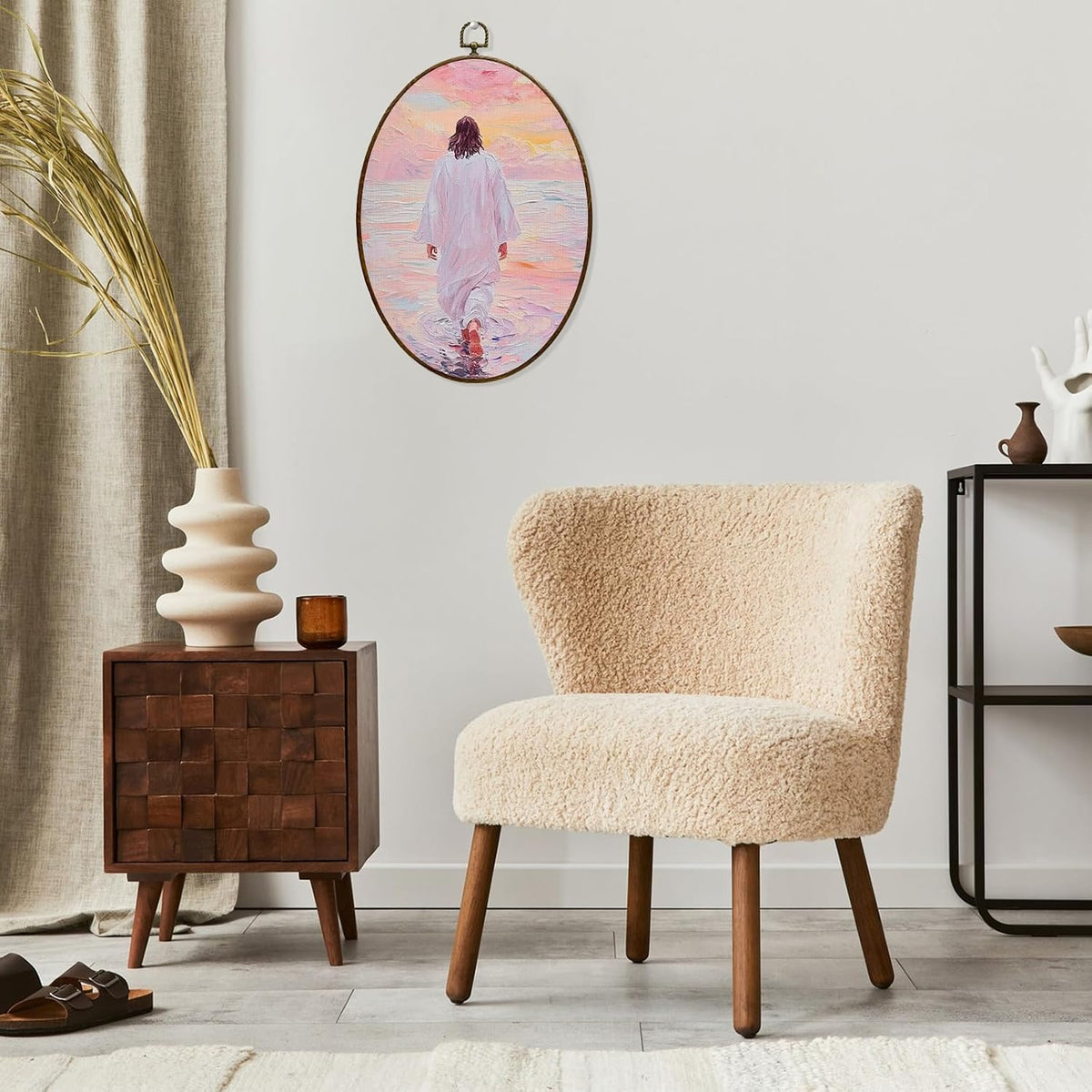 Jesus Walking on Water Christian Oval Wall Art Decor Framed 8.7 x 11.4 Inches, Pastel Pink Religious Jesus Poster Prints Hanging Wall Decor for Home Bedroom Church