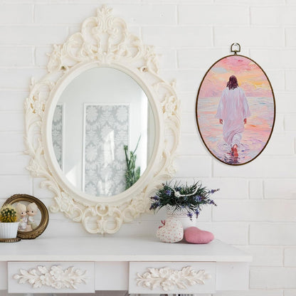 Jesus Walking on Water Christian Oval Wall Art Decor Framed 8.7 x 11.4 Inches, Pastel Pink Religious Jesus Poster Prints Hanging Wall Decor for Home Bedroom Church
