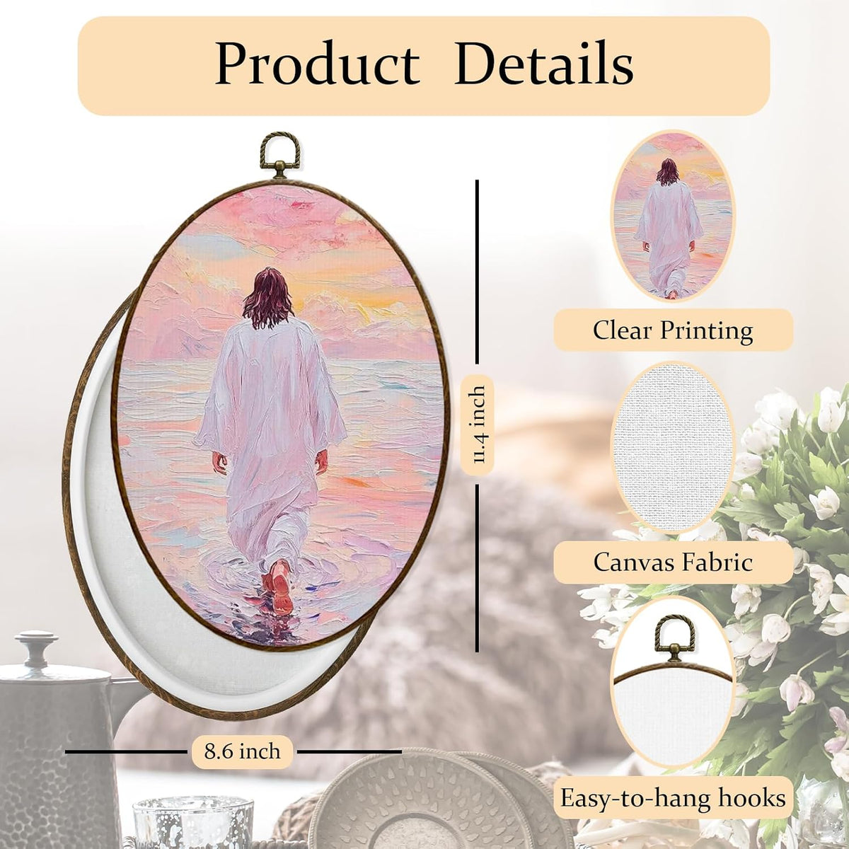 Jesus Walking on Water Christian Oval Wall Art Decor Framed 8.7 x 11.4 Inches, Pastel Pink Religious Jesus Poster Prints Hanging Wall Decor for Home Bedroom Church