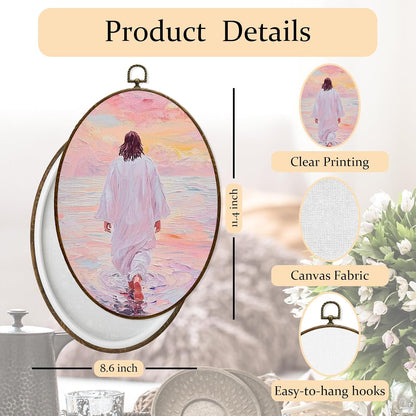 Jesus Walking on Water Christian Oval Wall Art Decor Framed 8.7 x 11.4 Inches, Pastel Pink Religious Jesus Poster Prints Hanging Wall Decor for Home Bedroom Church
