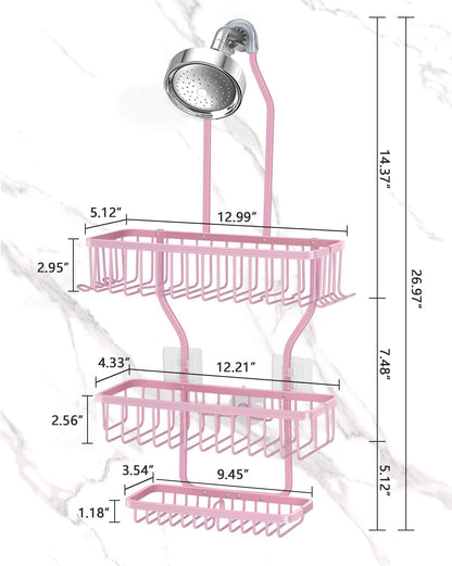 Pink Shower Caddy for Bathroom - Never Rust Hanging Shower Organizer with Soap Basket and Hooks - Large Capacity 3 Tier Aluminum Over The Showerhead Caddy