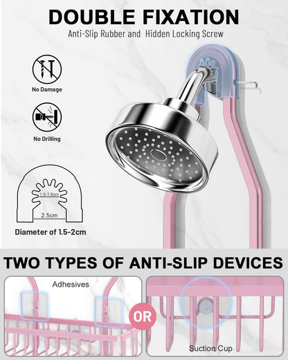 Pink Shower Caddy for Bathroom - Never Rust Hanging Shower Organizer with Soap Basket and Hooks - Large Capacity 3 Tier Aluminum Over The Showerhead Caddy