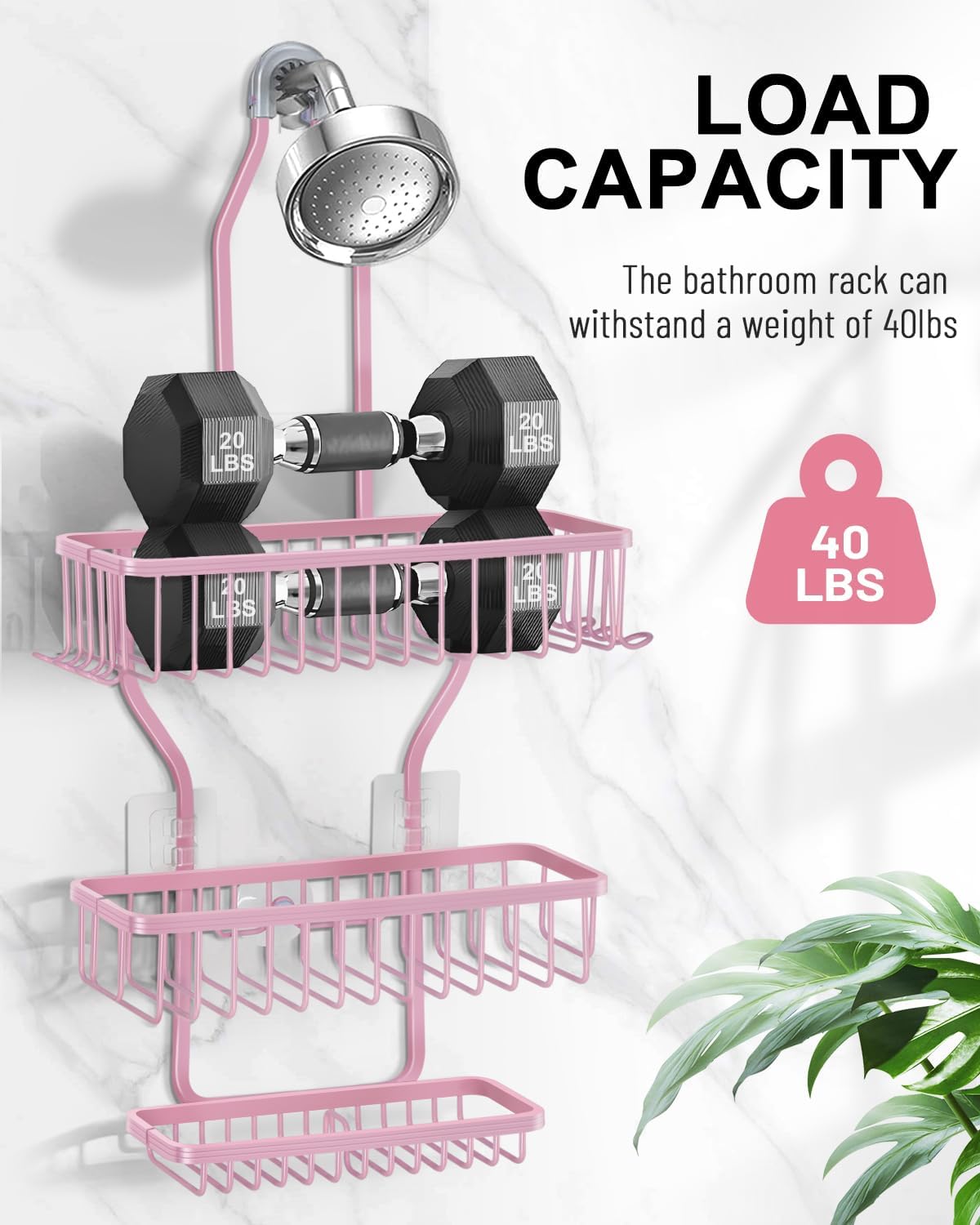 Pink Shower Caddy for Bathroom - Never Rust Hanging Shower Organizer with Soap Basket and Hooks - Large Capacity 3 Tier Aluminum Over The Showerhead Caddy