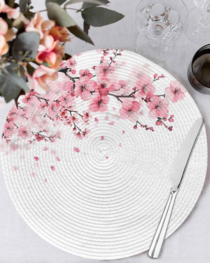 Round Placemats for Dining Table Set of 6 Pink Floral Place Mats Circle Woven Placemat Cherry Blossom Sakura Flower Tree Branch Circle BraidedTable Mat for Kitchen Home Dinner Party Decor 15 Inch