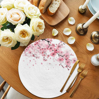 Round Placemats for Dining Table Set of 6 Pink Floral Place Mats Circle Woven Placemat Cherry Blossom Sakura Flower Tree Branch Circle BraidedTable Mat for Kitchen Home Dinner Party Decor 15 Inch