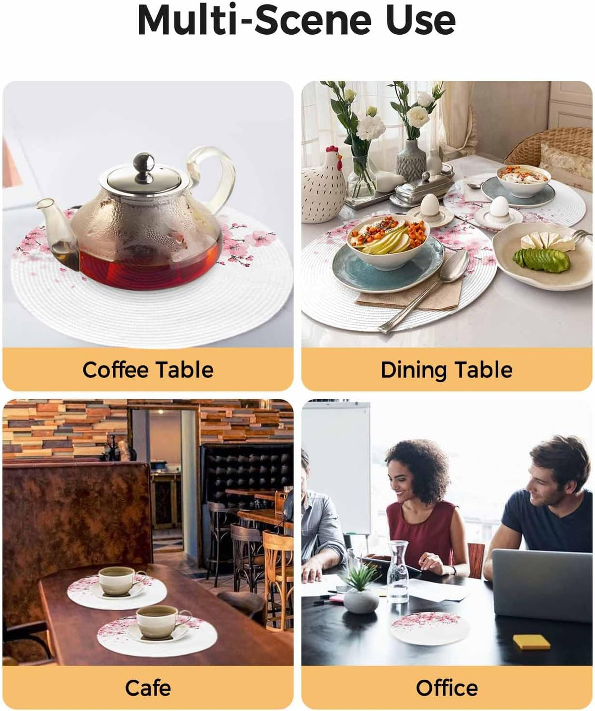 Round Placemats for Dining Table Set of 6 Pink Floral Place Mats Circle Woven Placemat Cherry Blossom Sakura Flower Tree Branch Circle BraidedTable Mat for Kitchen Home Dinner Party Decor 15 Inch