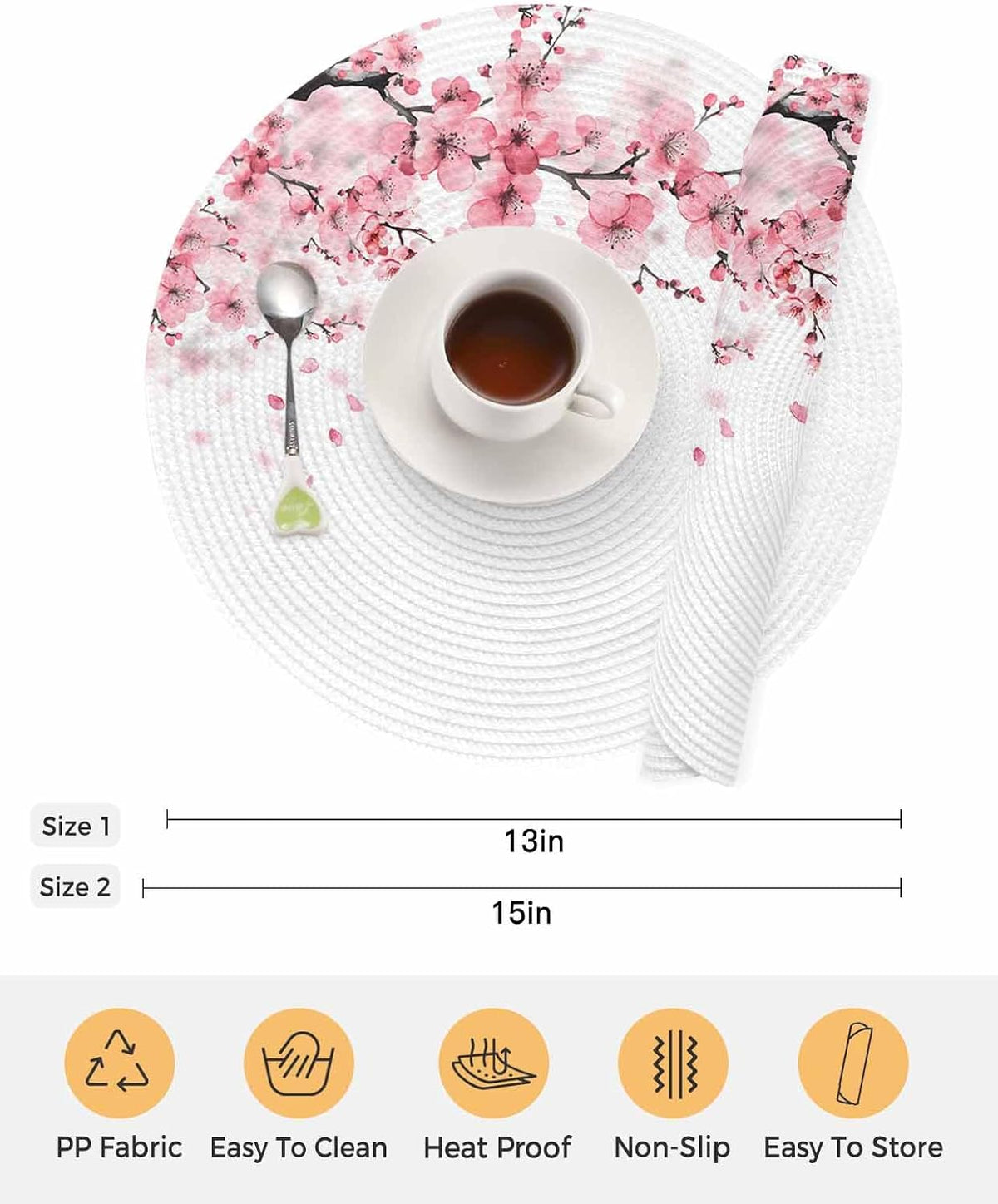 Round Placemats for Dining Table Set of 6 Pink Floral Place Mats Circle Woven Placemat Cherry Blossom Sakura Flower Tree Branch Circle BraidedTable Mat for Kitchen Home Dinner Party Decor 15 Inch