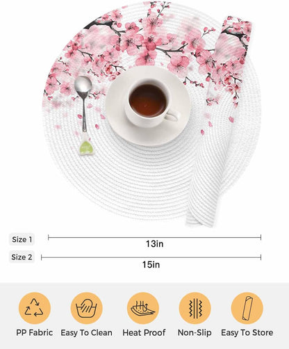 Round Placemats for Dining Table Set of 6 Pink Floral Place Mats Circle Woven Placemat Cherry Blossom Sakura Flower Tree Branch Circle BraidedTable Mat for Kitchen Home Dinner Party Decor 15 Inch