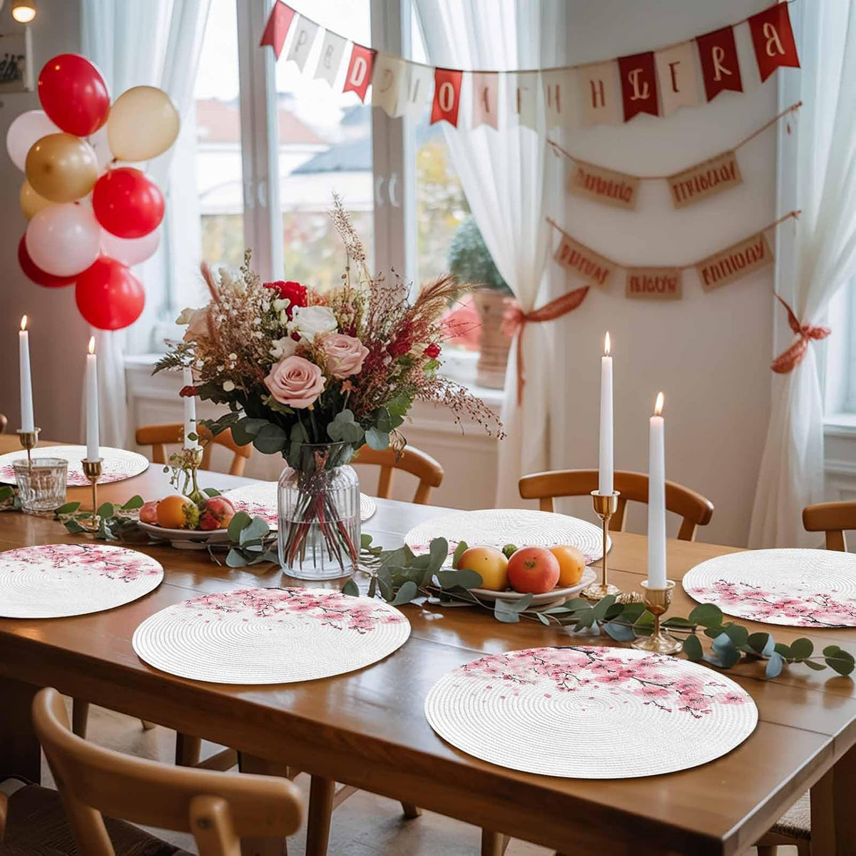 Round Placemats for Dining Table Set of 6 Pink Floral Place Mats Circle Woven Placemat Cherry Blossom Sakura Flower Tree Branch Circle BraidedTable Mat for Kitchen Home Dinner Party Decor 15 Inch