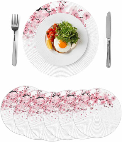 Round Placemats for Dining Table Set of 6 Pink Floral Place Mats Circle Woven Placemat Cherry Blossom Sakura Flower Tree Branch Circle BraidedTable Mat for Kitchen Home Dinner Party Decor 15 Inch