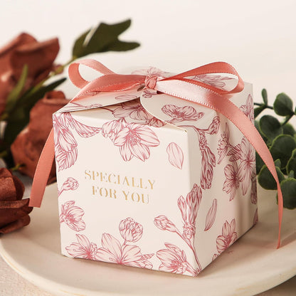 Yoption 50pcs Cherry Blossoms Party Favor Boxes, 2.75 x 2.75 x 2.75 Inch Pink Wedding Candy Box with Ribbons for Wedding Bridal Baby Shower Birthday Party Decoration