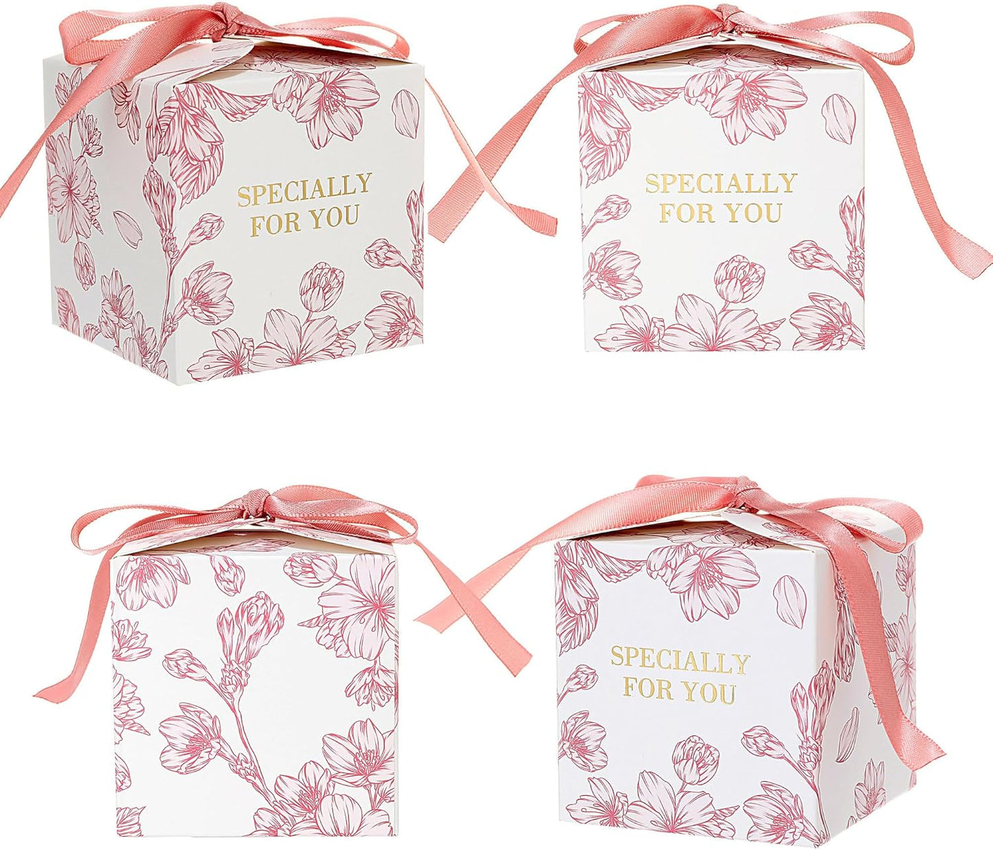 Yoption 50pcs Cherry Blossoms Party Favor Boxes, 2.75 x 2.75 x 2.75 Inch Pink Wedding Candy Box with Ribbons for Wedding Bridal Baby Shower Birthday Party Decoration