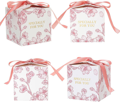 Yoption 50pcs Cherry Blossoms Party Favor Boxes, 2.75 x 2.75 x 2.75 Inch Pink Wedding Candy Box with Ribbons for Wedding Bridal Baby Shower Birthday Party Decoration